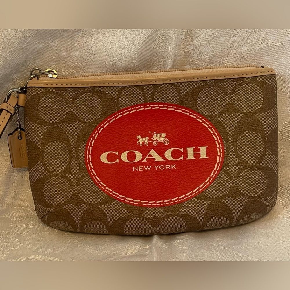 Coach Khaki & vermillion horse & carriage signature med wristlet
